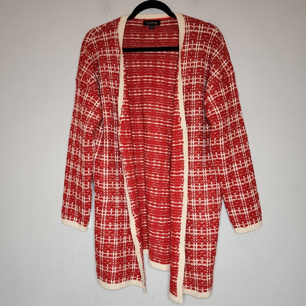 Calligraphie Gold Red White Plaid Open Sweater Knit Cardigan XL Holiday‎ Pockets